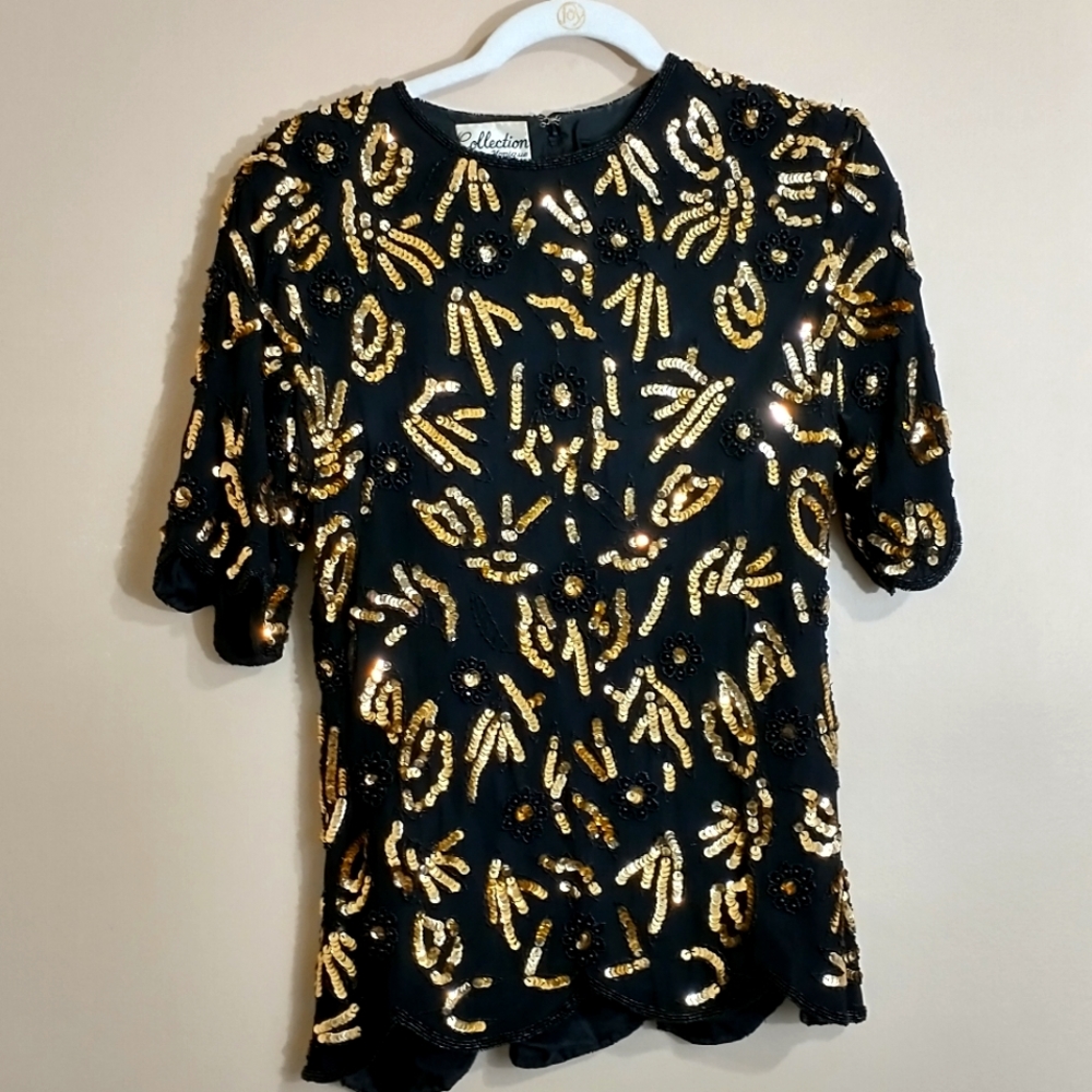 Vintage Collection By Monique Sequin Top Women's Size Medium Black Gold Evening